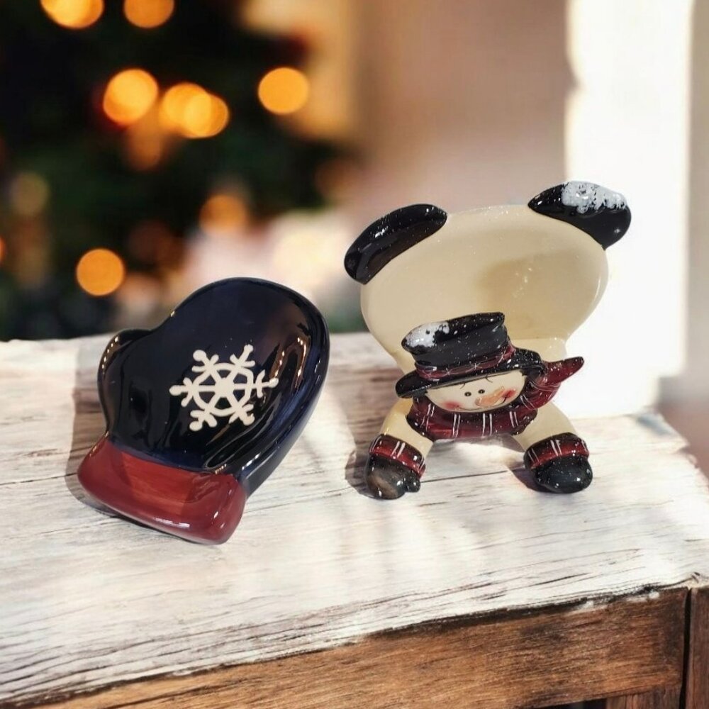 Snowman Napkin Holder & Mitten Spoon Rest Vintage